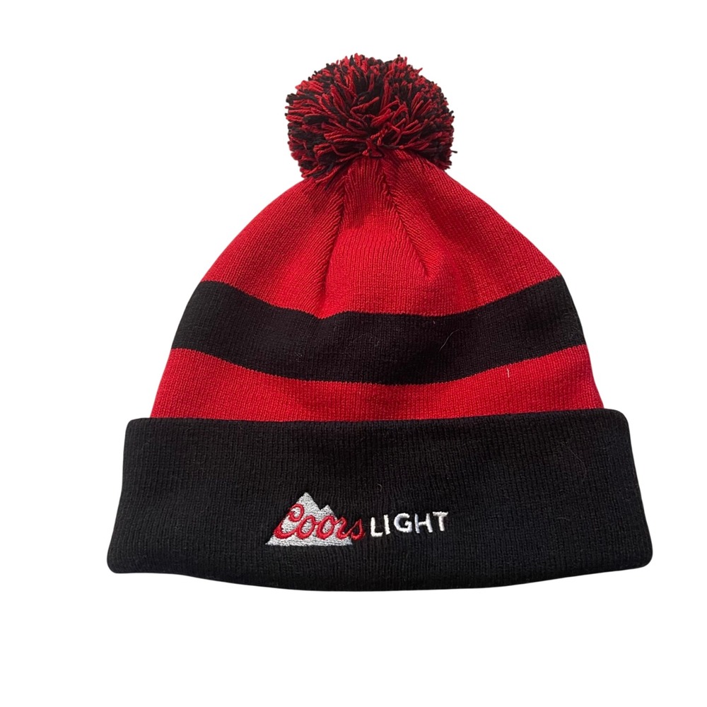 Pacific Headwear Coors Light Beanie Unisex OSFM Red Black Pom Striped Knit Hat